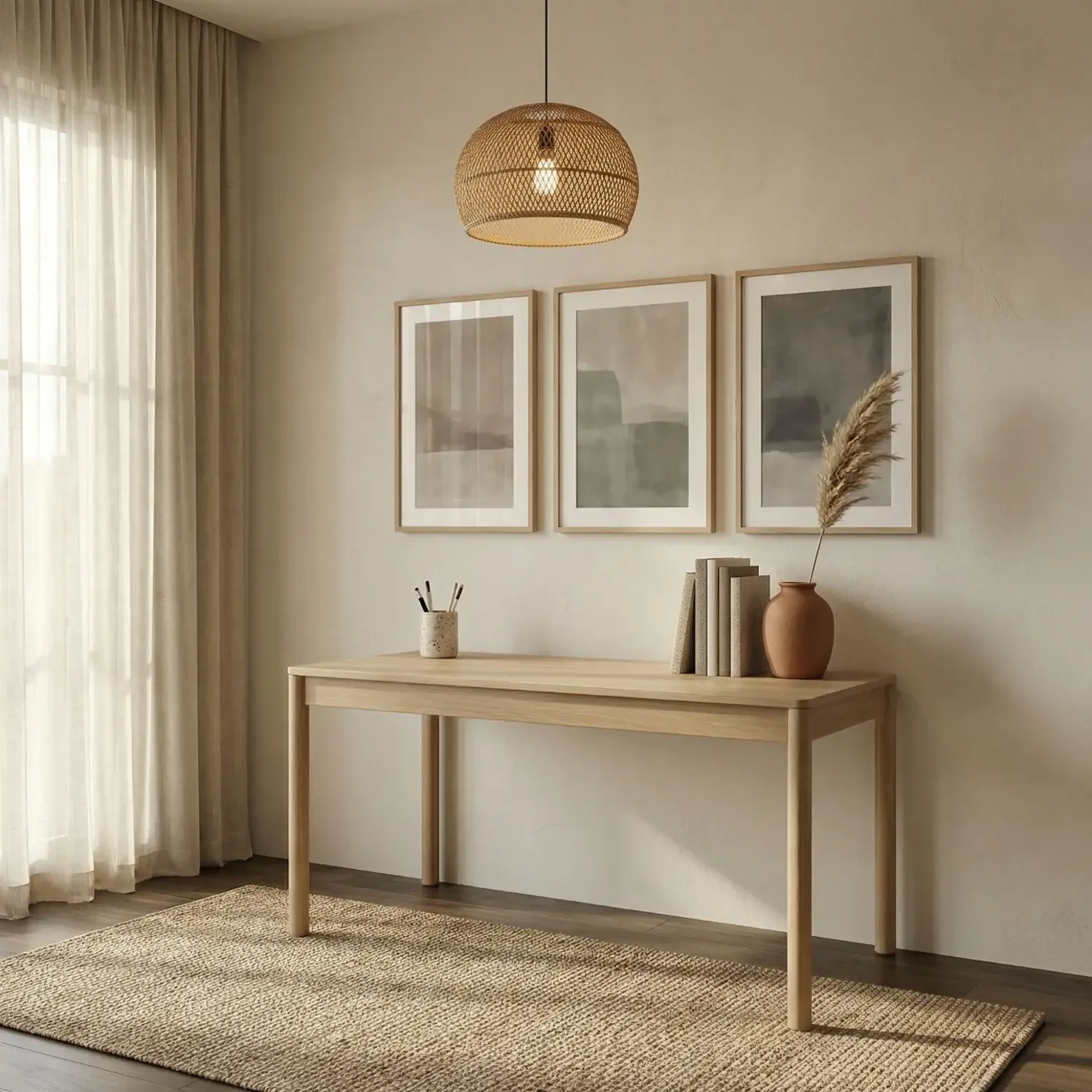 Japandi home office triptych framed art behind desk