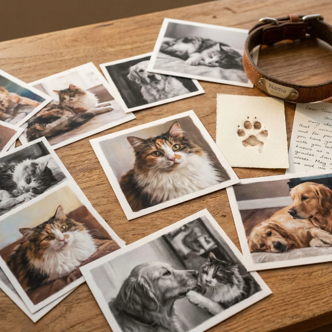 Flat-lay of pet photos collar and paw print keepsakes