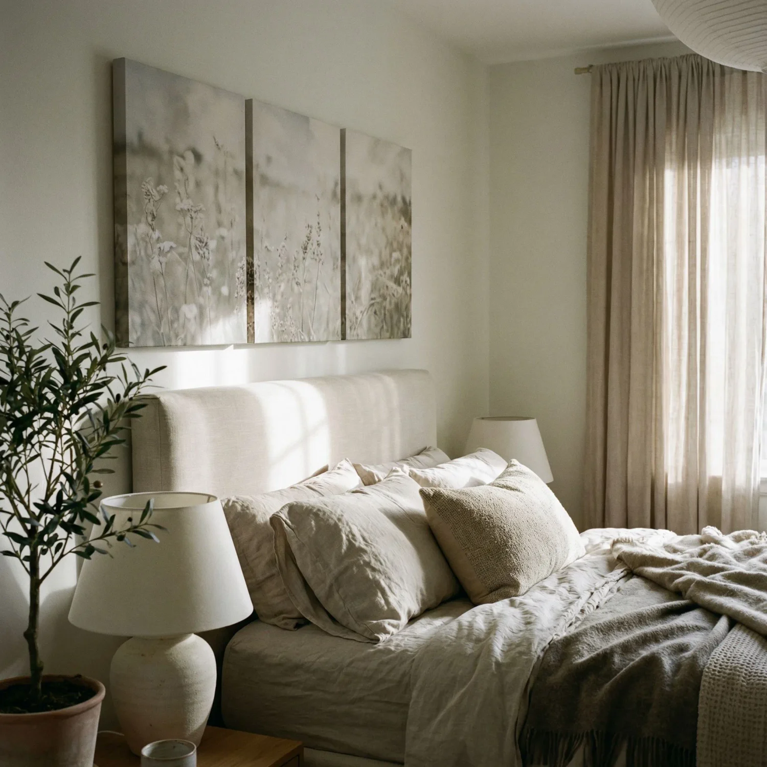 Sunlit neutral bedroom with linen bedding and floral wall art