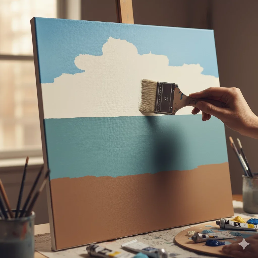 hand brushing cloud shape on seascape canvas