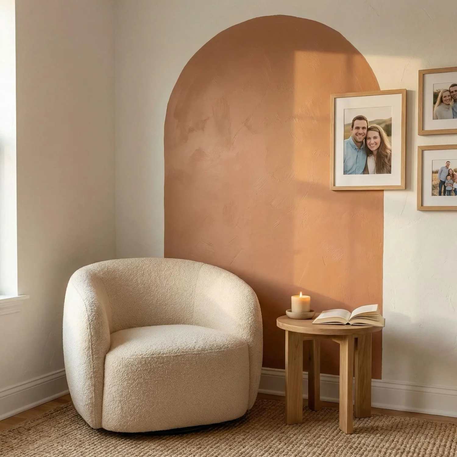 Painted arch framing cozy reading chair vignette