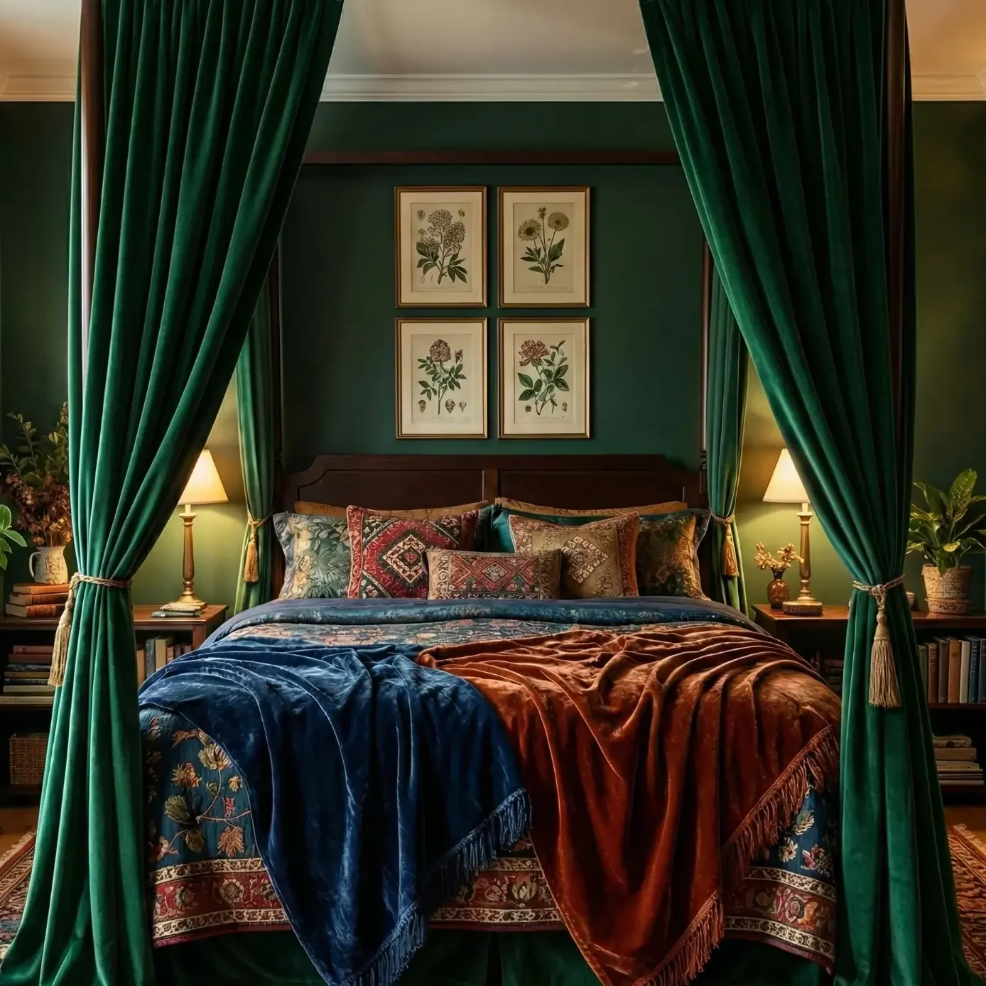 Dramatic canopy bed with green velver curtains and patterned bedding