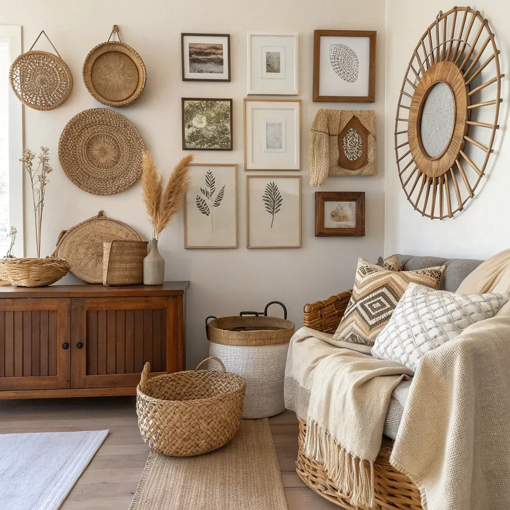 Living room wall with mix of woven baskets, framed art, and mirrors.