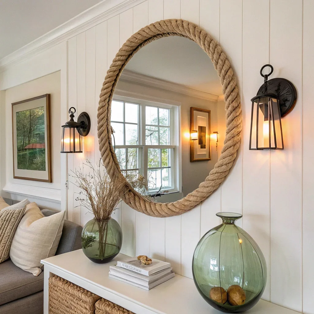 Plug-in sconces framing a mirror with a rope-wrapped frame and tinted glass bud vases glowing near a window.