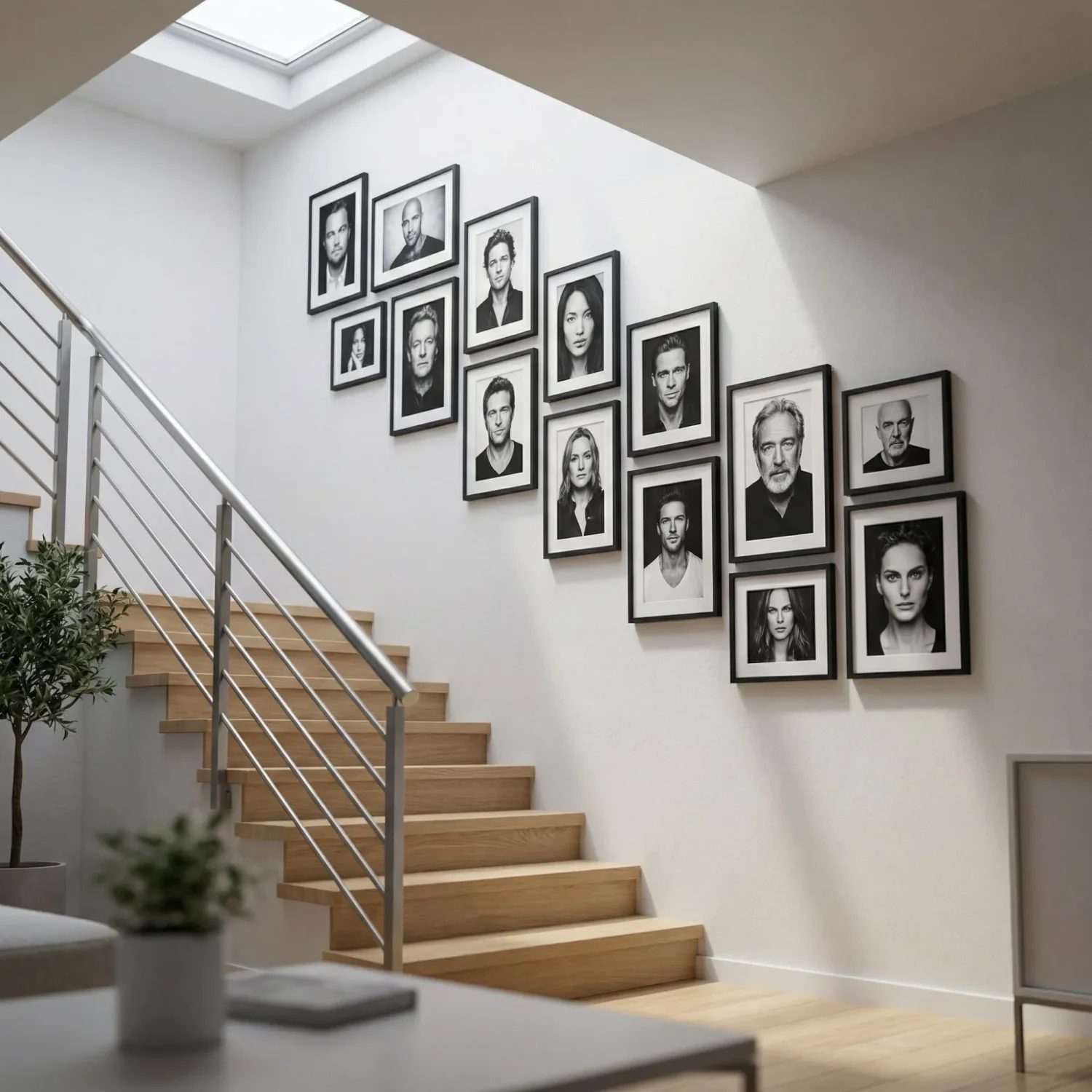 Modern staircase wall with black framed photos grid