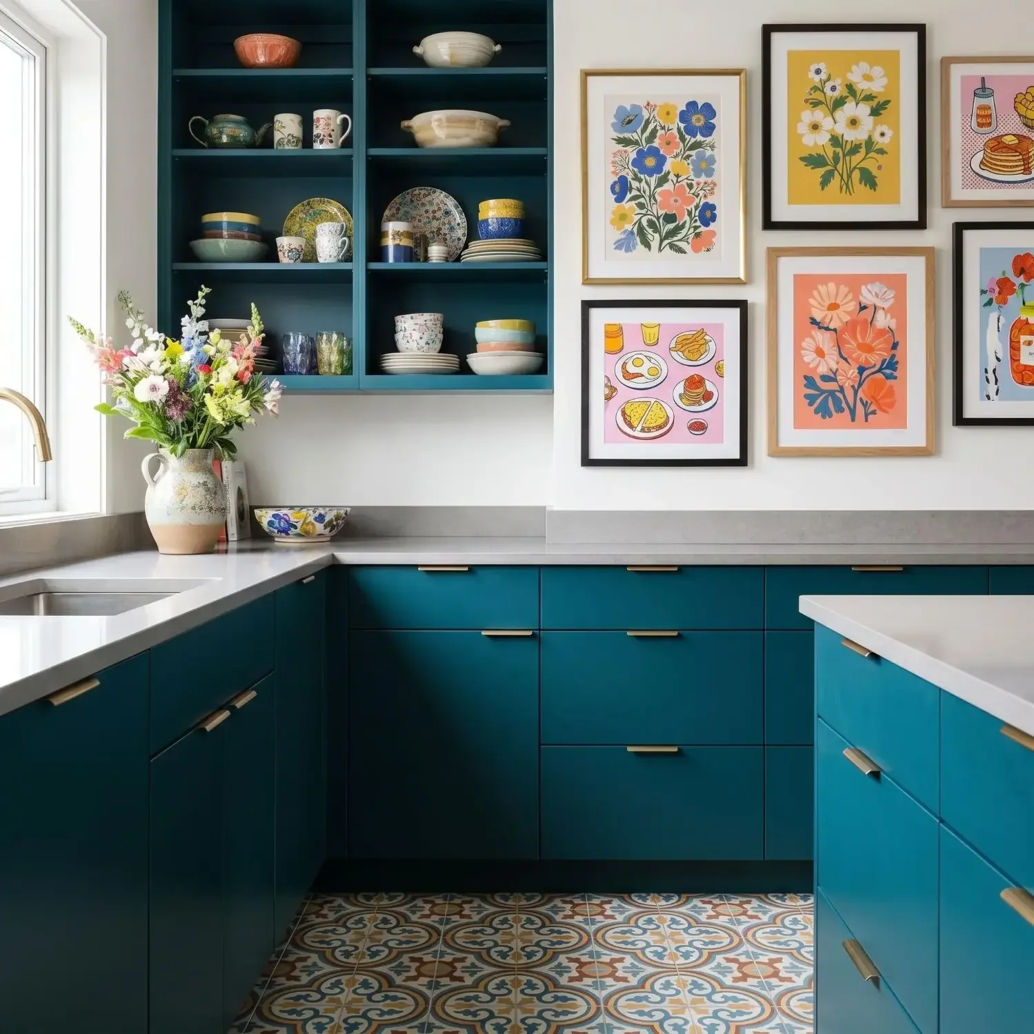 Colorful eclectic kitchen gallery wall art