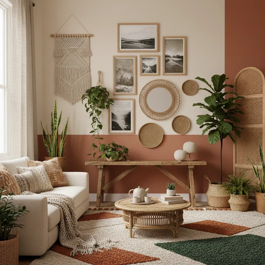 Boho living room with gallery wall, plants, and warm neutral tones