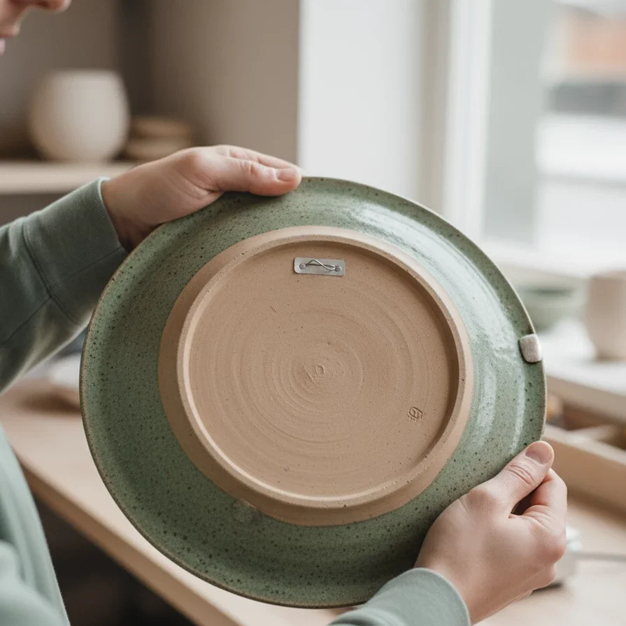 Person holding a green ceramic plate