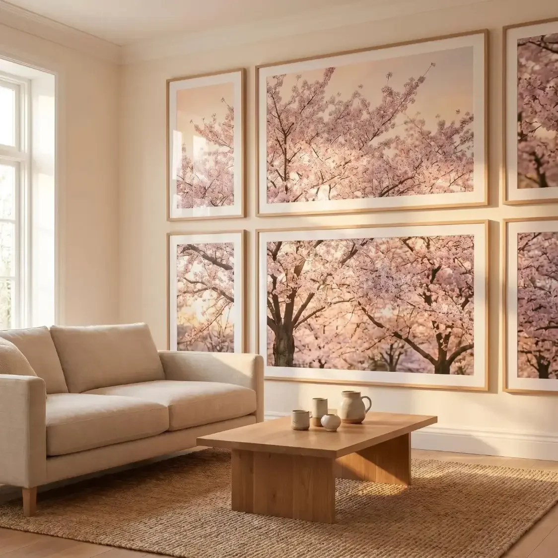 Cherry blossom canvas prints in bright living room