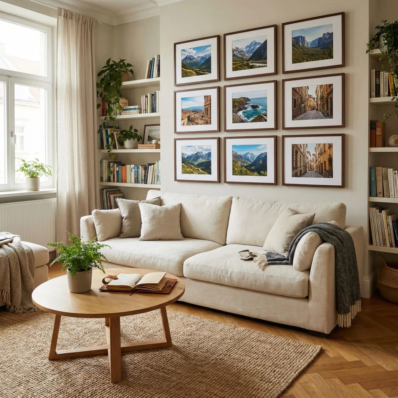 Travel photo grid above living room sofa