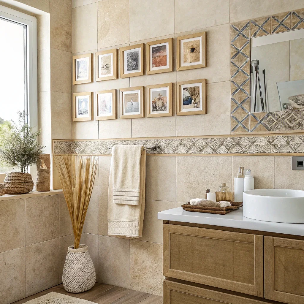 Bathroom wall decorated with small framed prints and photo tiles.