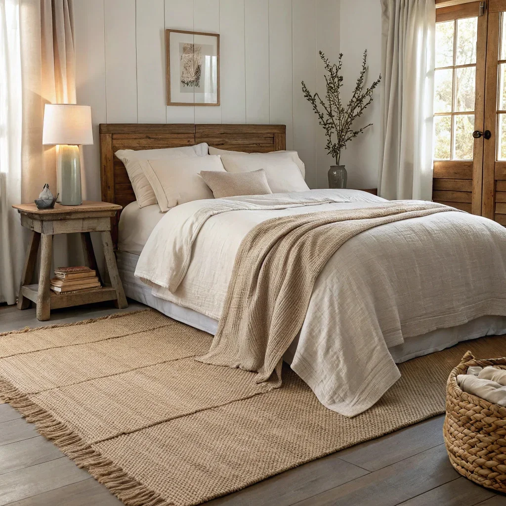 Farmhouse bedroom bedscape with a layered linen duvet, folded quilt at the foot, and a soft jute or sheepskin rug beside the bed for a calm, cozy look.