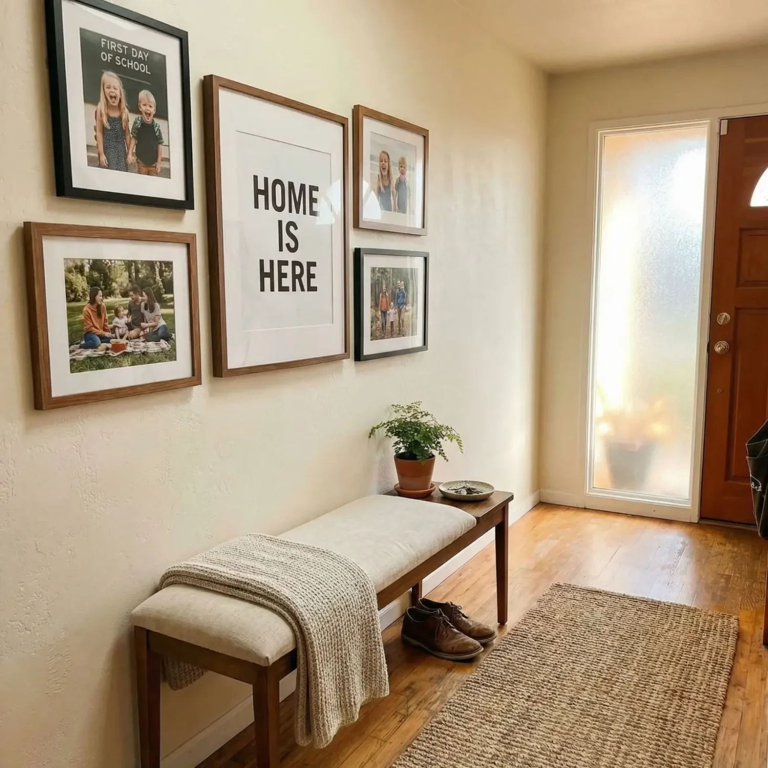 Entryway wall mixing family photos and quote frames