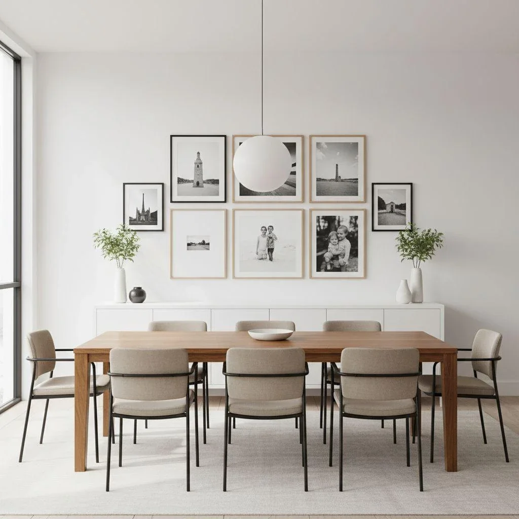 Symmetrical grid gallery in a formal dining room