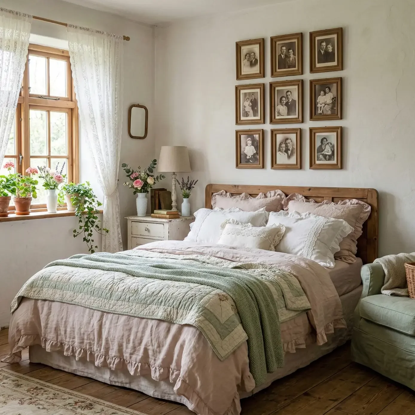 Cottage bedroom with lace curtains and vintage photo grid