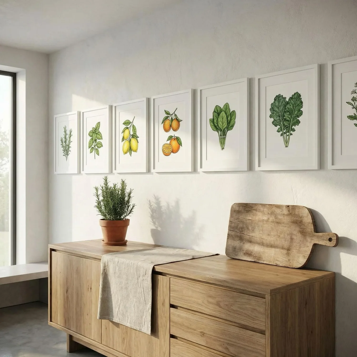 Kitchen botanical gallery wall white frames sideboard