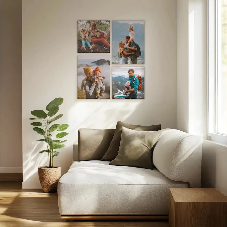 Cozy reading nook with four family travel photo prints