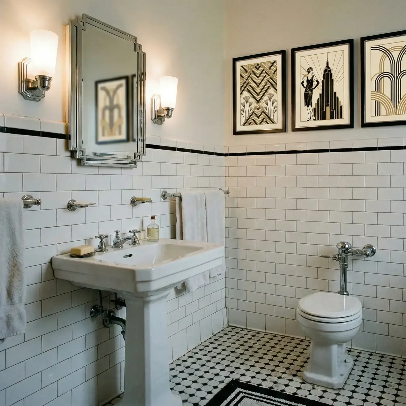 Art deco bathroom with subway tile and framed prints