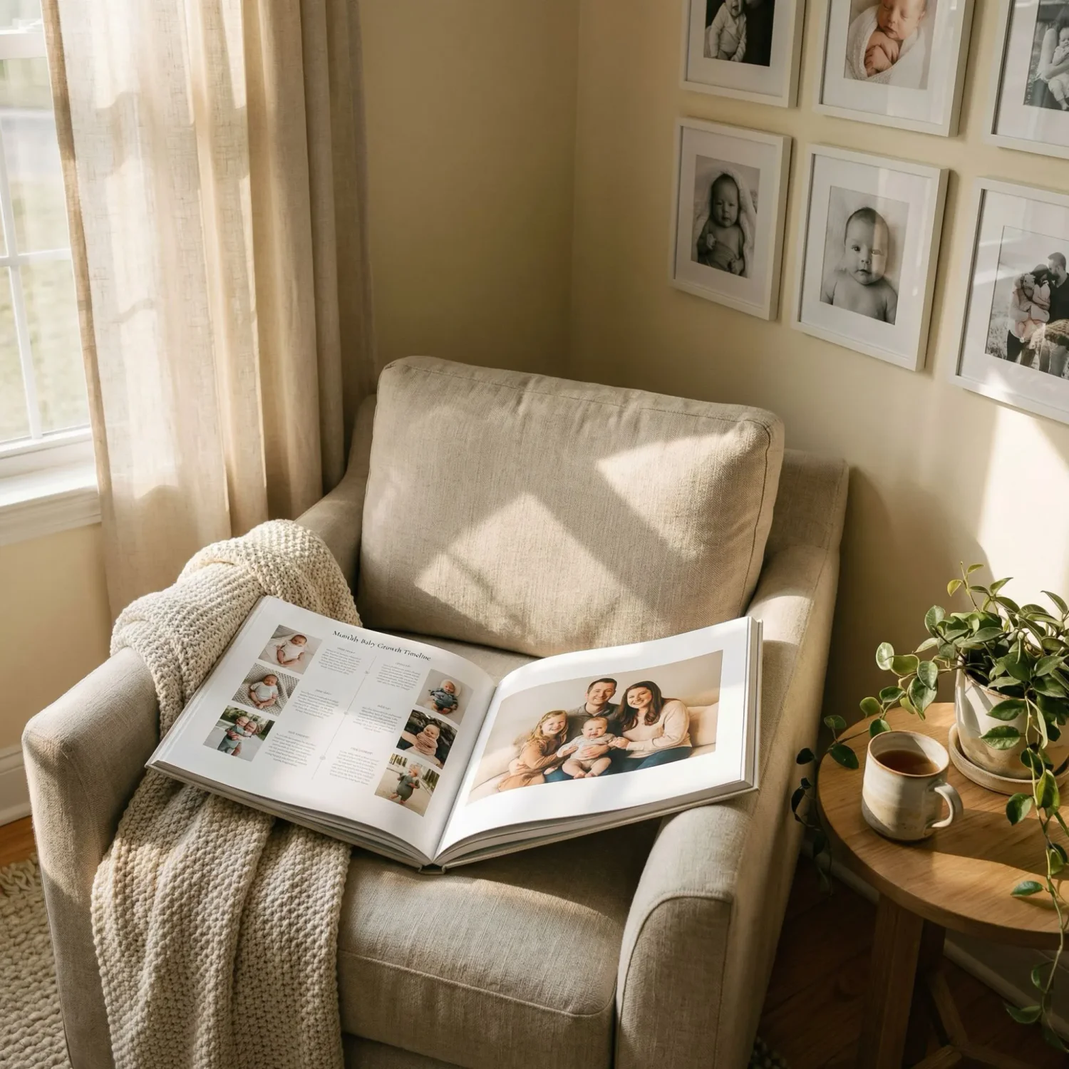 Family baby photo book in cozy reading nook