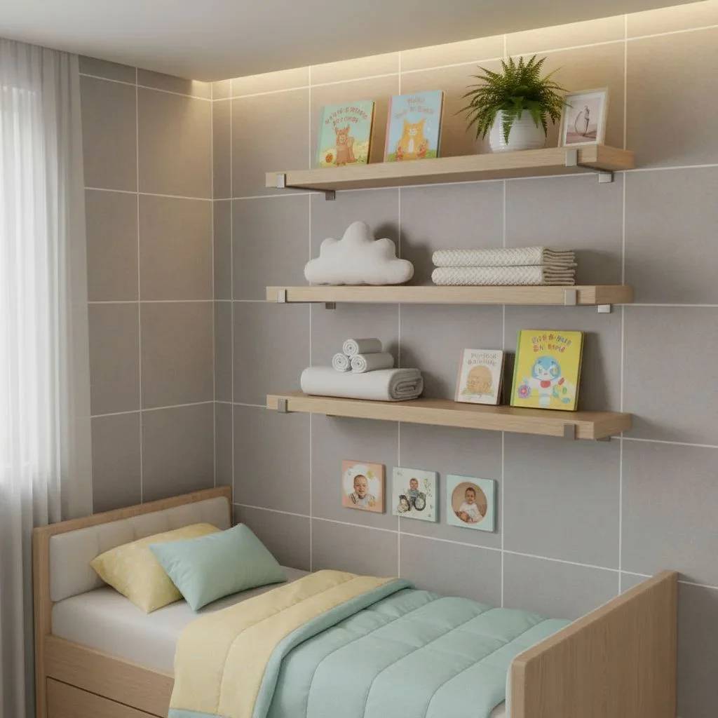 Nursery shelves with soft, calming decor