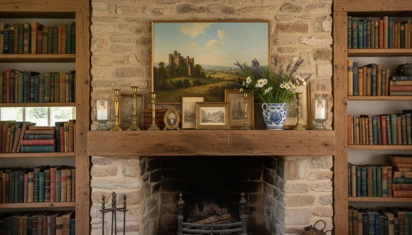 Mantel styled with vintage books and art