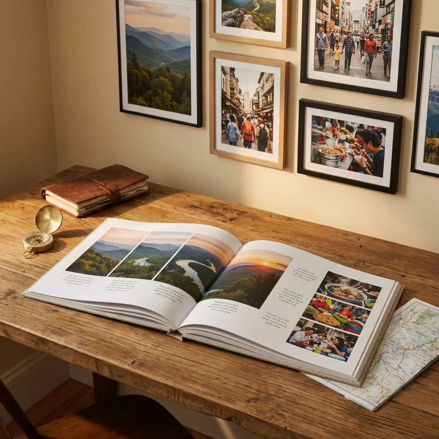 Travel photo book with map on rustic desk