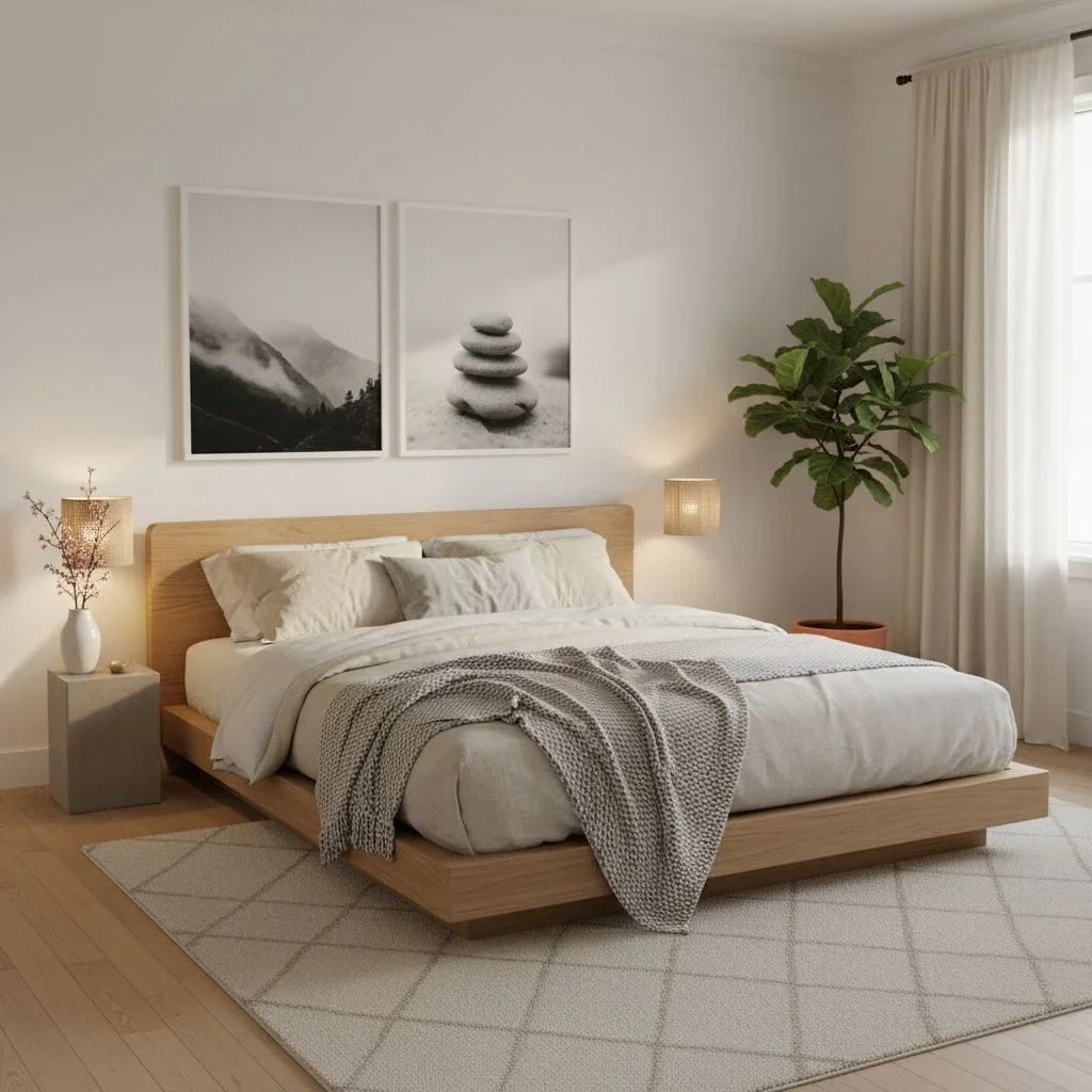 Calming bedroom with Zen and Scandinavian decor