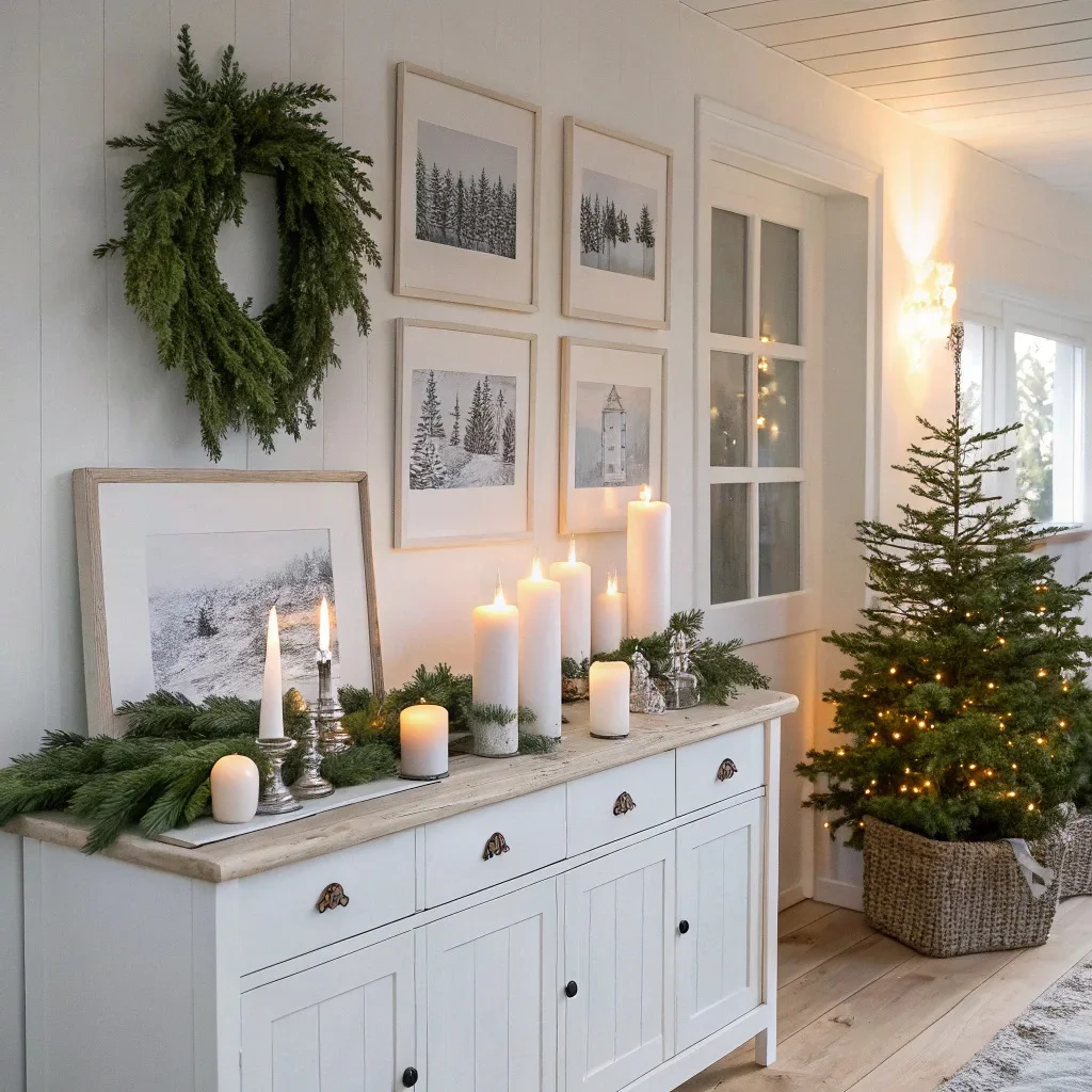 A serene Scandinavian-style Christmas room with white and natural wood decor, greenery, candlelight, and a minimalist gallery wall in white or light wood frames.