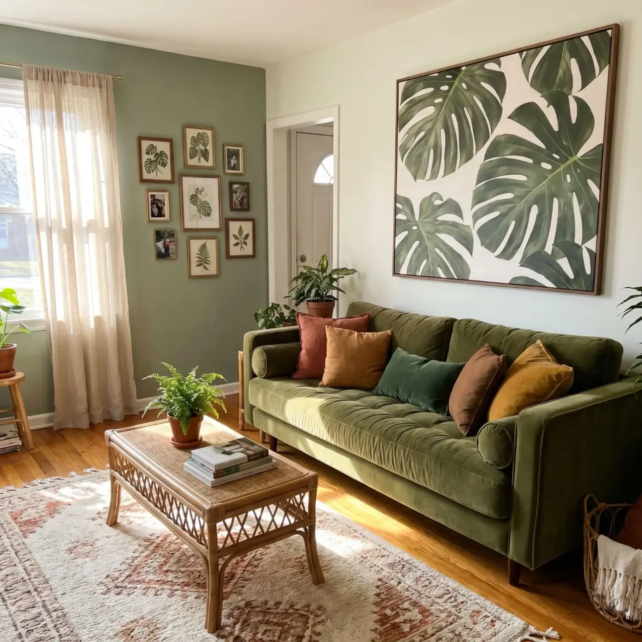 Tropical monstera canvas art above living room sofa