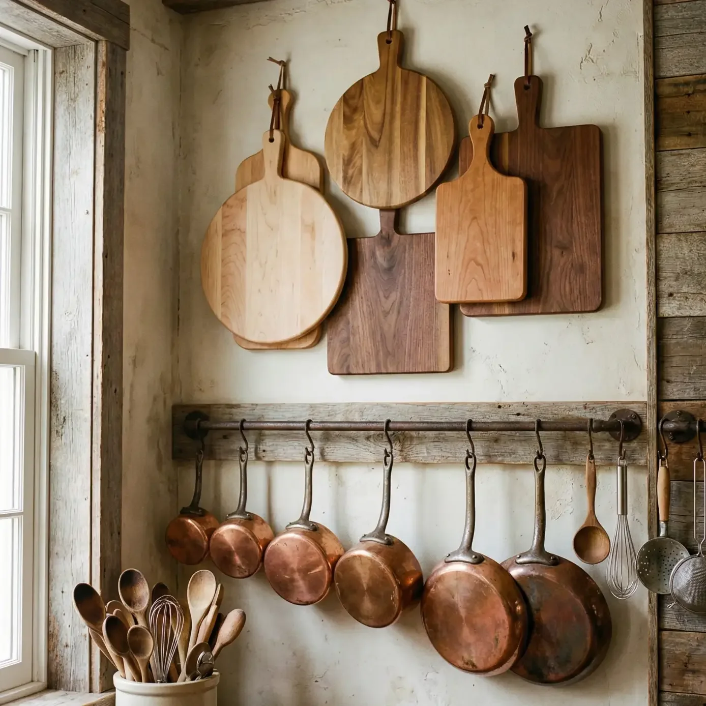 Rustic kitchen wall with hanging cutting boards and copper pans