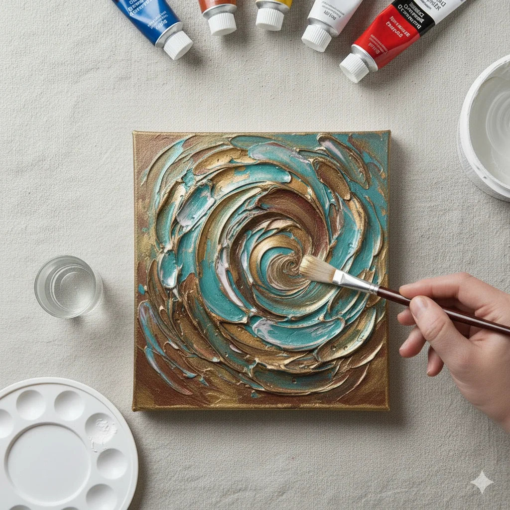 hand brushing teal and gold onto textured spiral canvas
