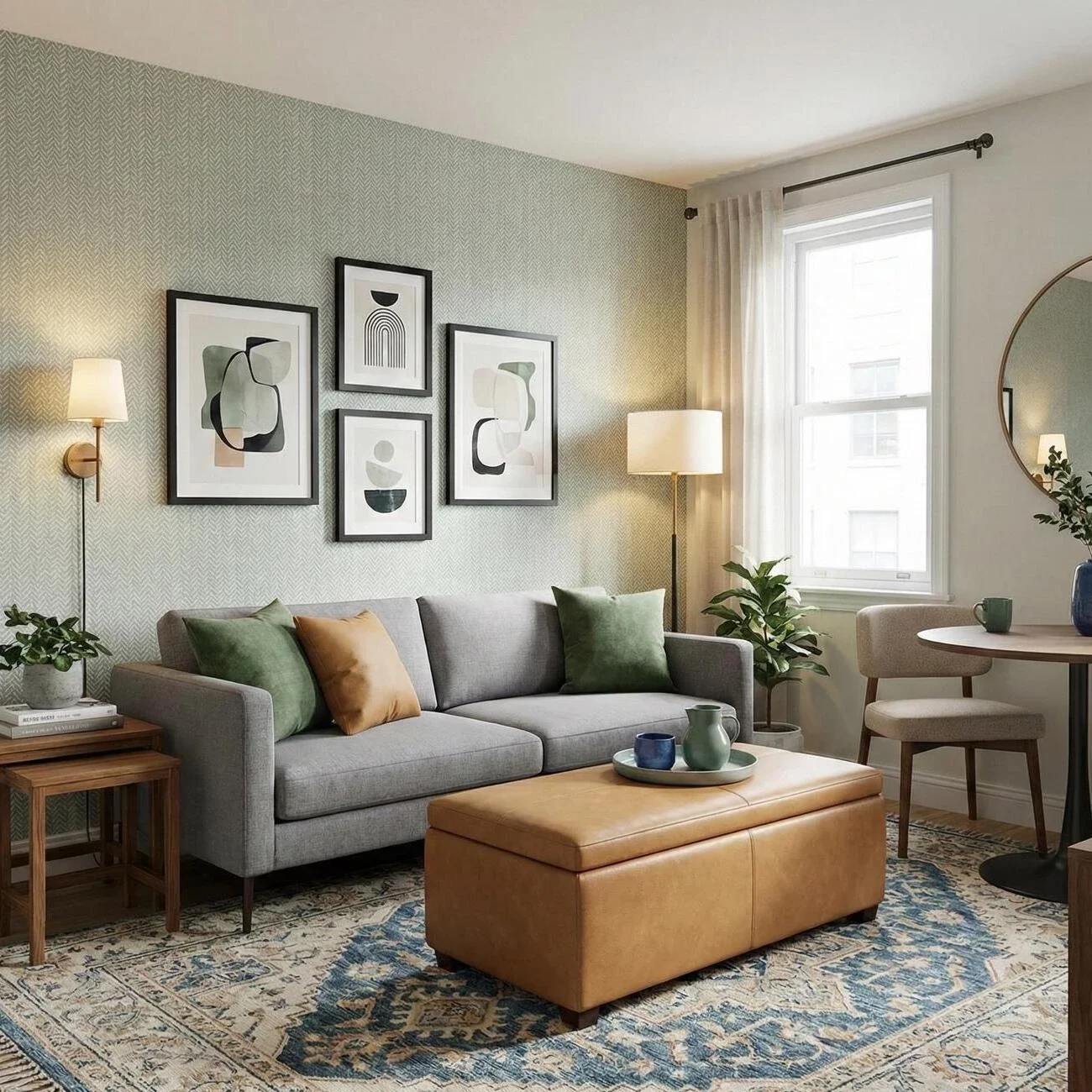 Cozy living room with gray sofa, tan ottoman, and modern wall art