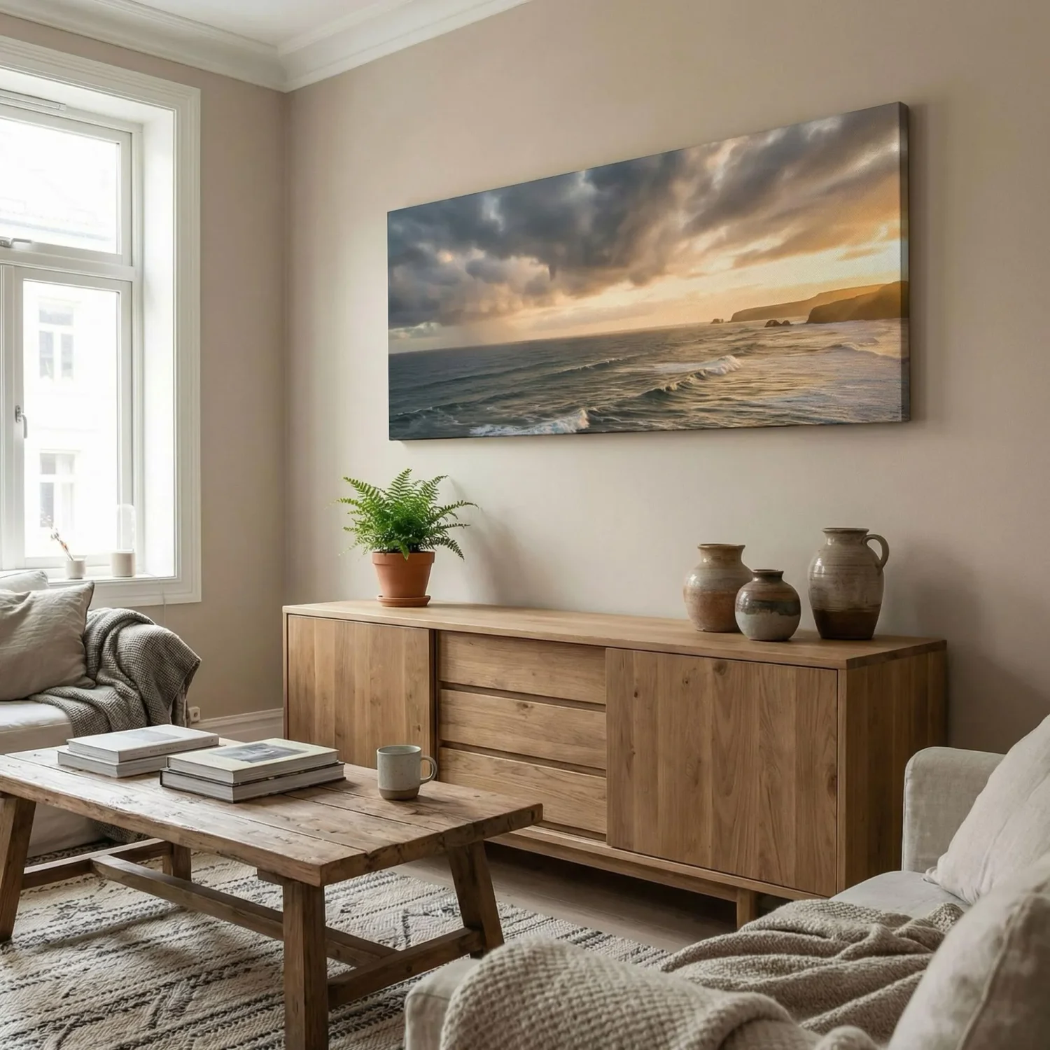 Large landscape canvas print above wooden sideboard