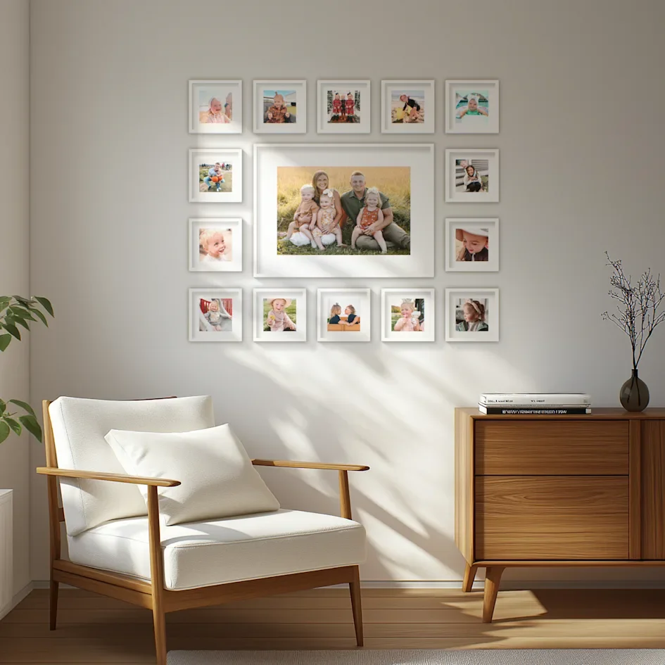 Family photo gallery with center frame above an armchair