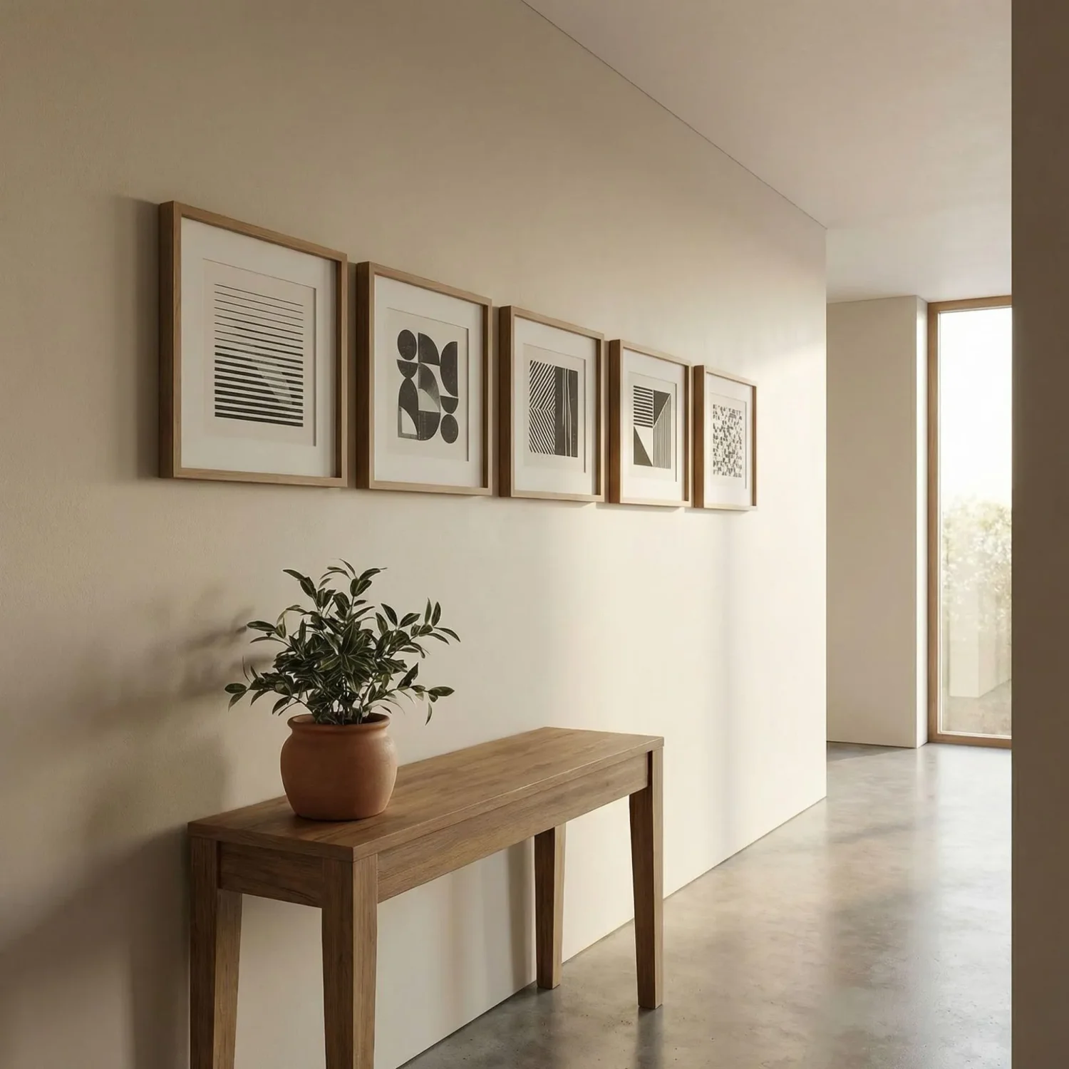 Minimalist hallway linear row of geometric framed art