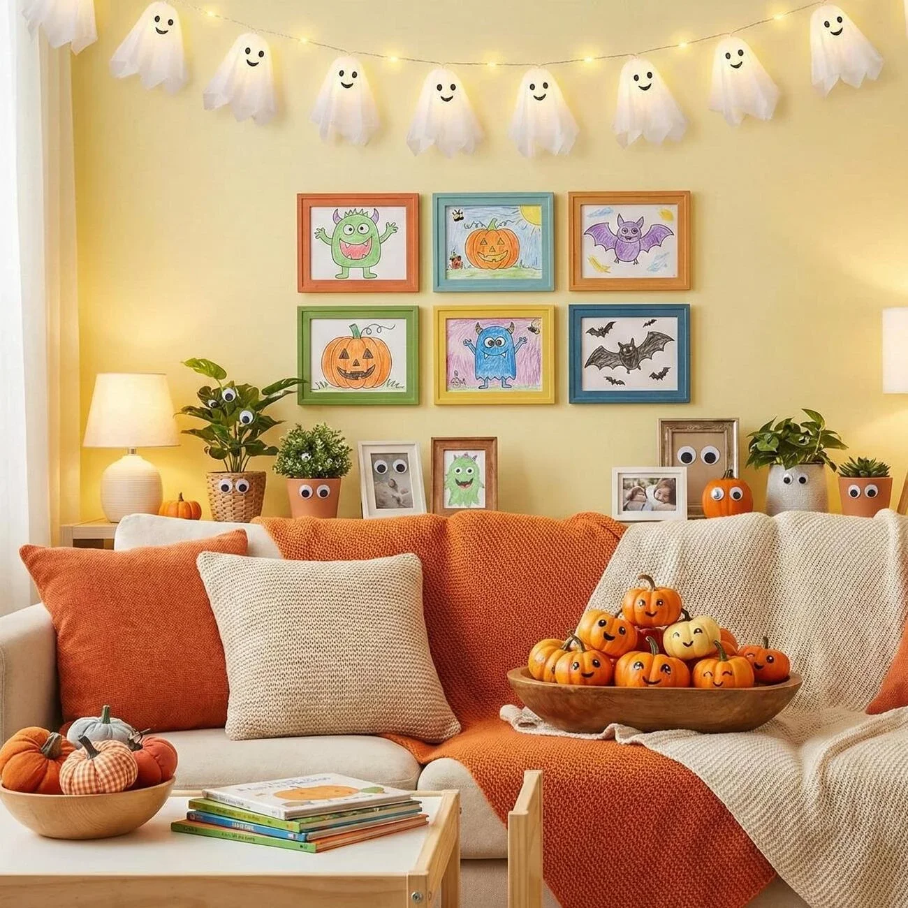 Fun Halloween living room with ghost garland and cute decor
