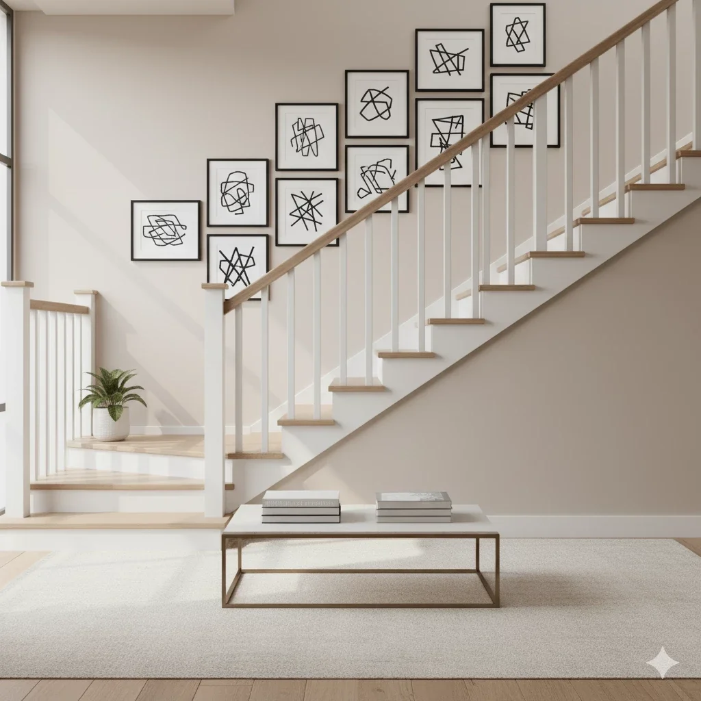 abstract prints ascending along staircase wall
