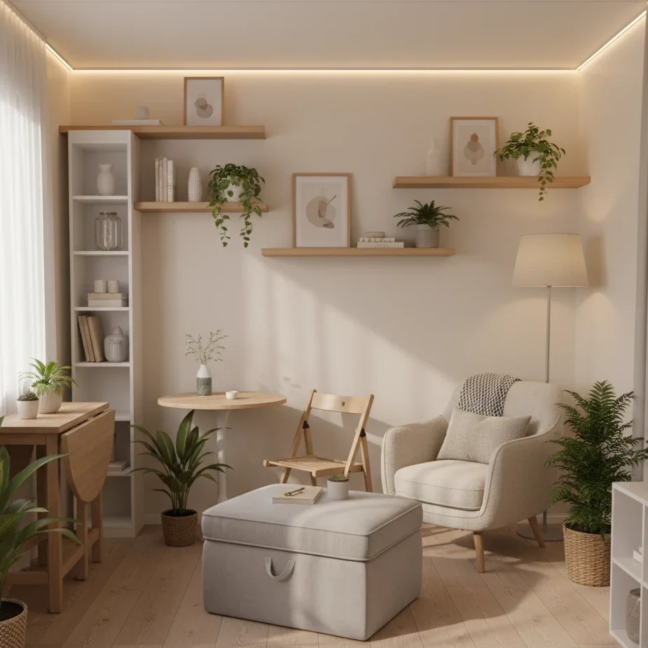 Small living room with armchair, ottoman, plants, and shelves
