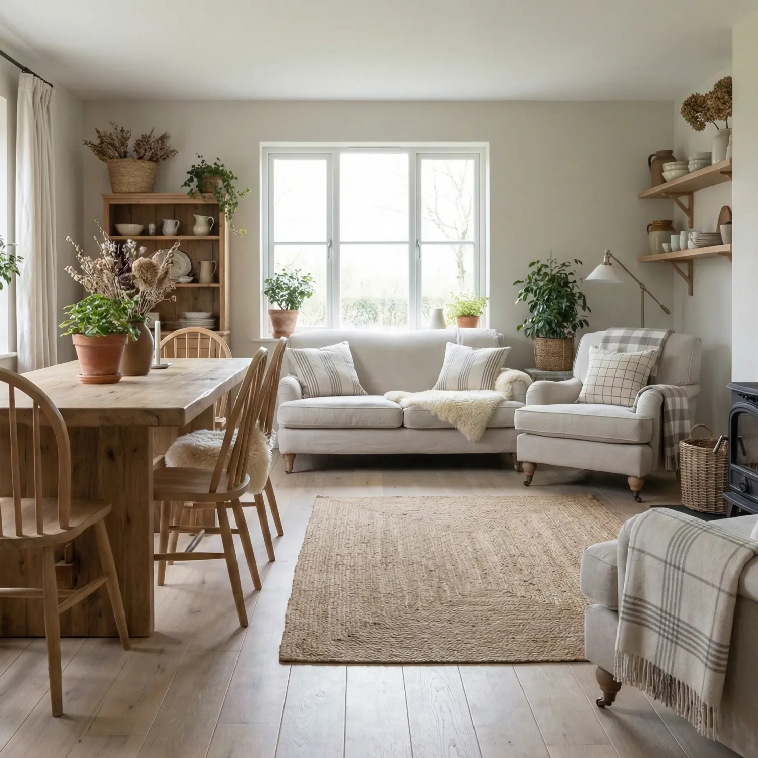 Cozy open-plan living and dining room with neutral decor.