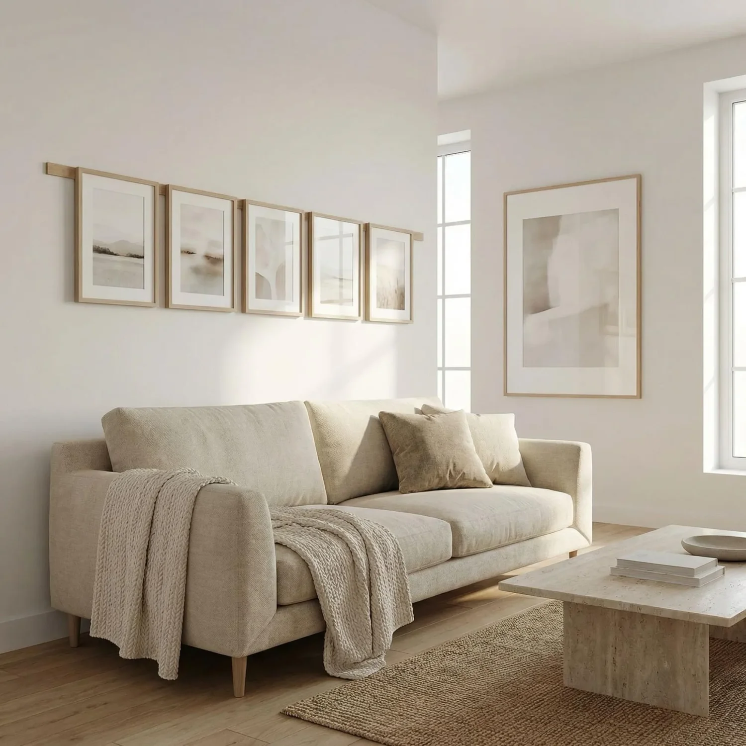 Horizontal framed photos rail above Scandi sofa
