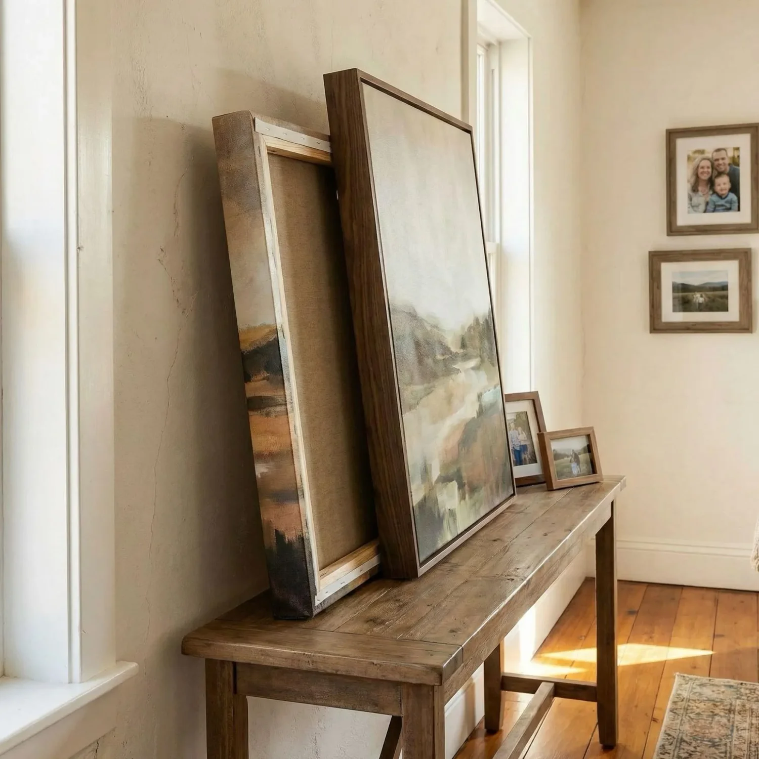 Gallery wrap stretched canvas on living room wall