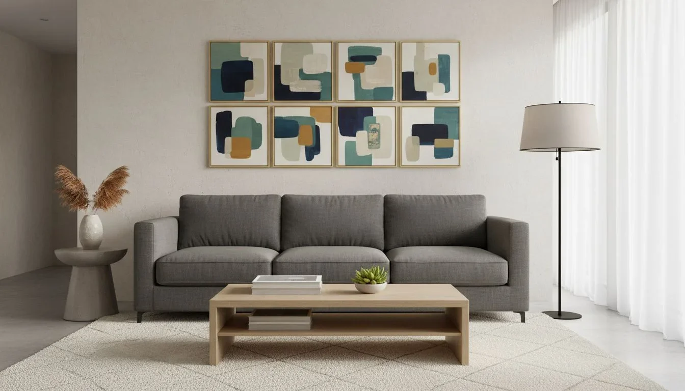 Wide 4x2 art grid above three-seater sofa