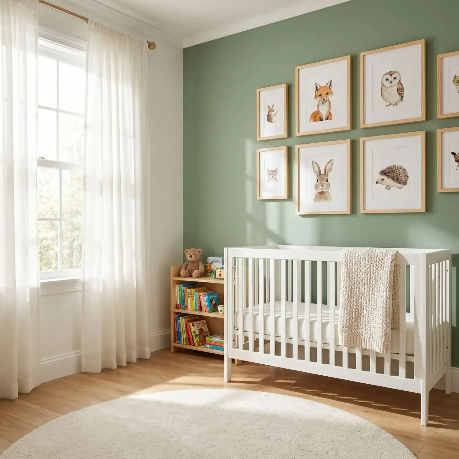 Watercolor animal framed prints in a nursery gallery wall