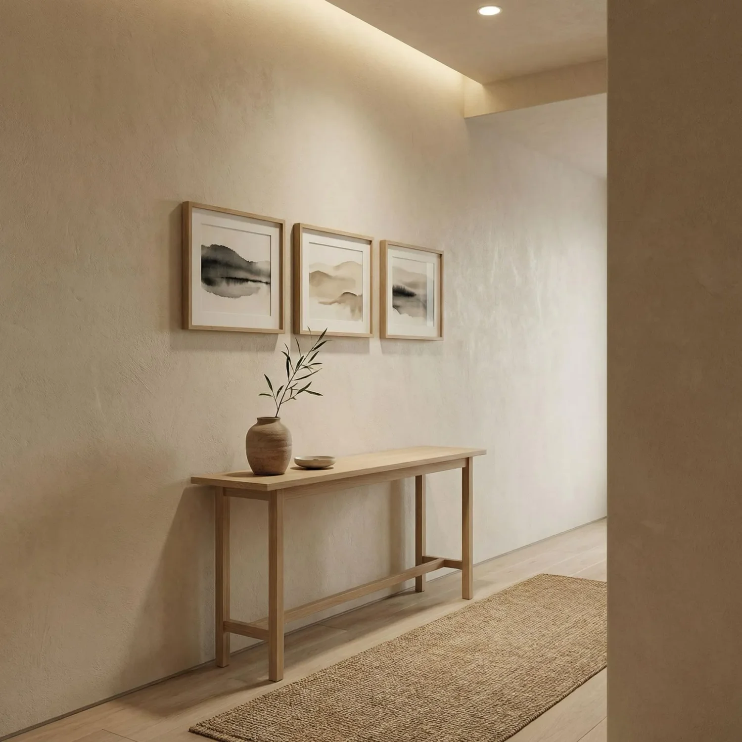 Japandi entryway framed pictures and clay vase