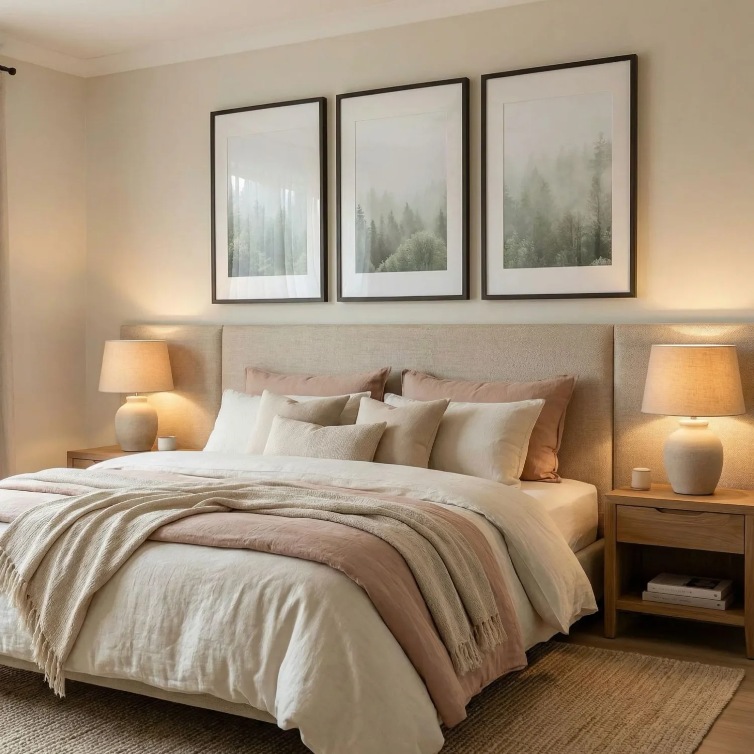 Triptych framed art above bedroom headboard