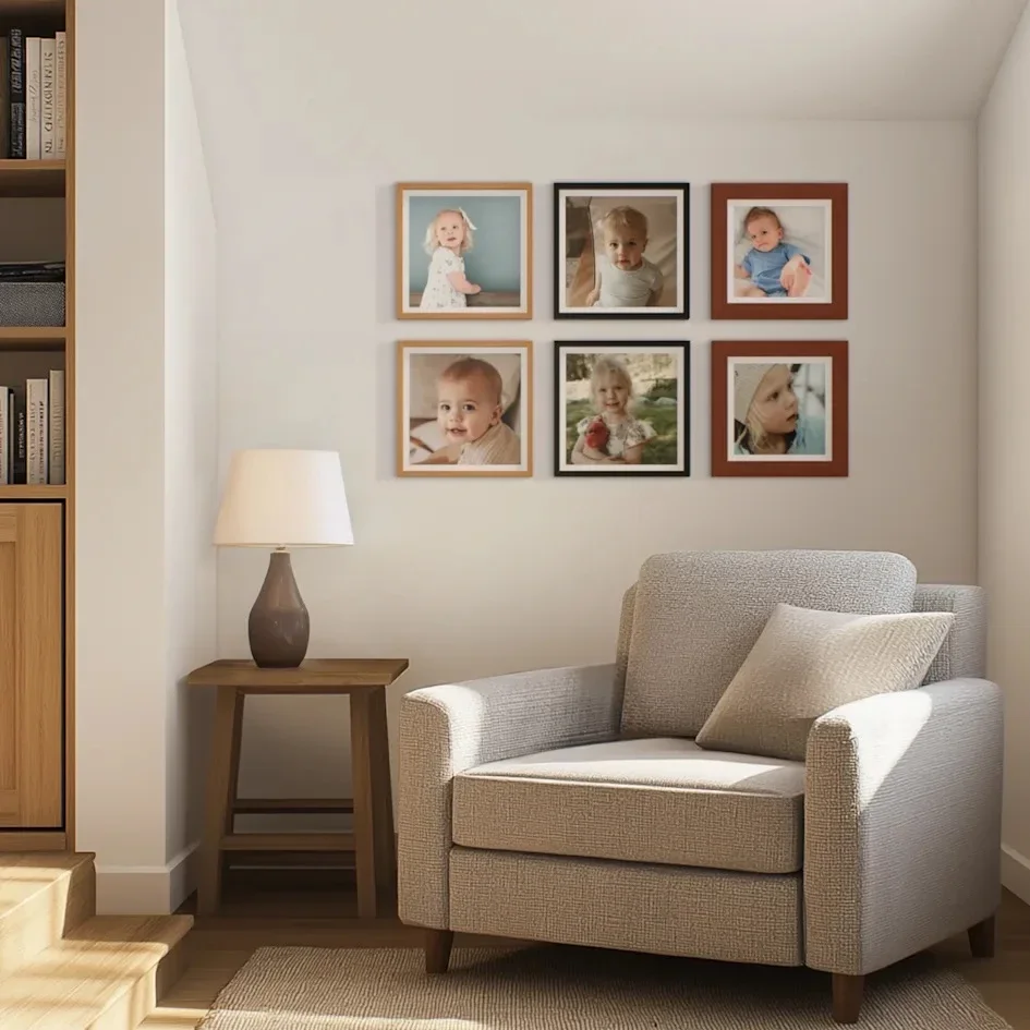 Baby photo gallery wall in a cozy nook