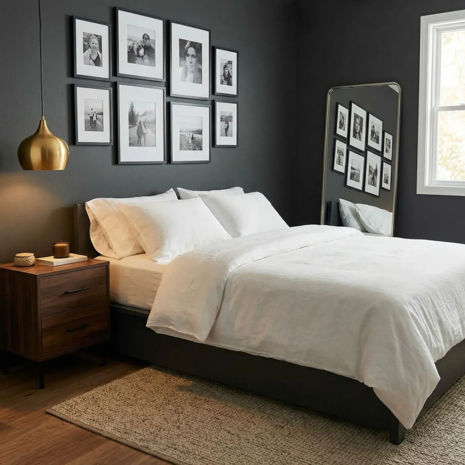 High-contrast charcoal bedroom with brass lighting