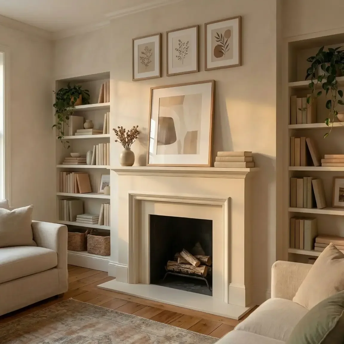 Layered framed photos on mantel with floating shelf