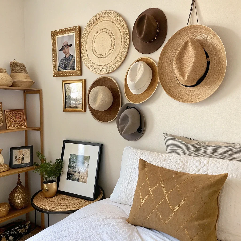 Bedroom wall showcasing a curated object display: hats, small brass trays, framed keepsakes, and one photo tile for balance.