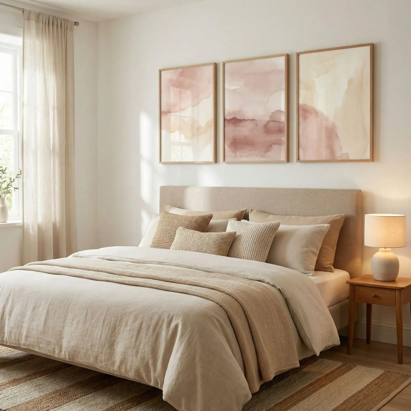 Soft triptych framed photos above bedroom headboard